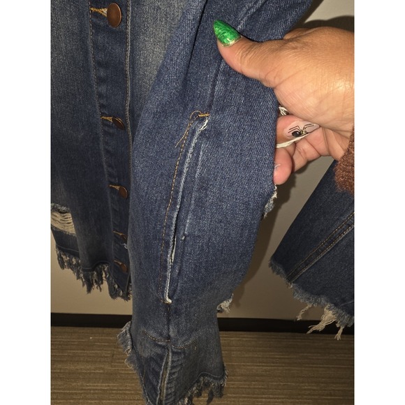 American Bazi Denim Blue Jean Jacket Distressed Long Length With Pockets Size M - Picture 8 of 8